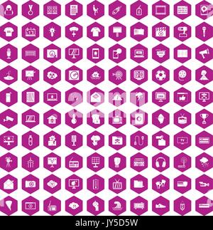 100 TV icons hexagon violet Stock Vector