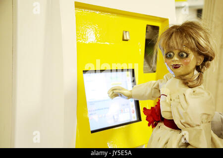 The doll from the film 'Annabelle: Creation' during a photocall at U-Bahnhof Rathaus Steglitz on August 17, 2017 in Berlin, Germany. Stock Photo