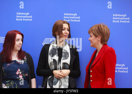 Edinburgh, Scotland 18th August. Day 7 Edinburgh International Book Festival. Pictured: Heather McDaid writer, Elif Shafak writer and Nicola Sturgeon First Minister of Scotland. Credit: Pako Mera/Alamy Live News Stock Photo