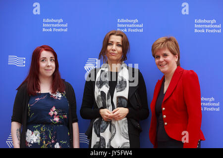 Edinburgh, Scotland 18th August. Day 7 Edinburgh International Book Festival. Pictured: Heather McDaid writer, Elif Shafak writer and Nicola Sturgeon First Minister of Scotland. Credit: Pako Mera/Alamy Live News Stock Photo