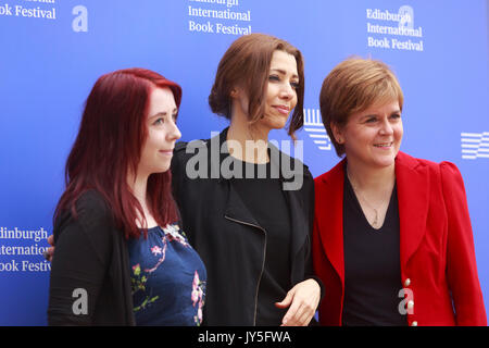 Edinburgh, Scotland 18th August. Day 7 Edinburgh International Book Festival. Pictured: Heather McDaid writer, Elif Shafak writer and Nicola Sturgeon First Minister of Scotland. Credit: Pako Mera/Alamy Live News Stock Photo