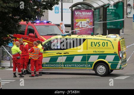 Turku, Finland. 18th August, 2017. Several people have been stabbed in Central Market Square of Turku and Puutori Market Square nearby this location. At least one person has been killed at the Central Market Square and is supposedly behind green tarp. Several other have been wounded. Police has secluded area. Credit: Jukka Palm/Alamy Live News Stock Photo