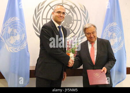 New York City, USA. 18th Aug, 2017. UN, New York, USA. August 18, 2017. UN Secretary General Antonio Guterres accepted the credentials of new Permanent Representative to the UN ot Slovakia, Photo: Matthew Russell Lee/Inner City Press Credit: Matthew Russell Lee/Alamy Live News Stock Photo