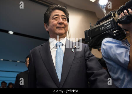 Tokyo, Japan. 18th Aug, 2017. Japanese Prime Minister Shinzo Abe arrives for a bilateral meeting with U.S. Chairman of the Joint Chiefs Gen. Joseph Dunford at the Kantei Official Residence August 18, 2017 in Tokyo, Japan. Dunford is in Japan to meet with Japanese leaders and to discuss defusing the situation in North Korea. Credit: Planetpix/Alamy Live News Stock Photo