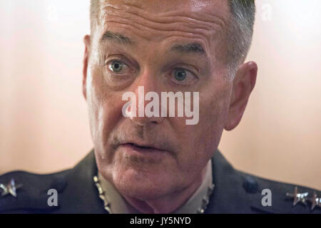 Tokyo, Japan. 18th Aug, 2017. U.S. Chairman of the Joint Chiefs Gen. Joseph Dunford speaks to the media at the Okura Hotel following meetings with Japanese leaders August 18, 2017 in Tokyo, Japan. Dunford is in Japan to meet with Japanese leaders and to discuss defusing the situation in North Korea. Credit: Planetpix/Alamy Live News Stock Photo