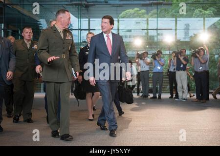 Tokyo, Japan. 18th Aug, 2017. U.S. Chairman of the Joint Chiefs Gen. Joseph Dunford, left, speaks with the US. Ambassador to Japan William Hagerty, right, following a meeting with Japanese Prime Minister Shinzo Abe, at the Kantei Official Residence August 18, 2017 in Tokyo, Japan. Dunford is in Japan to meet with Japanese leaders and to discuss defusing the situation in North Korea. Credit: Planetpix/Alamy Live News Stock Photo