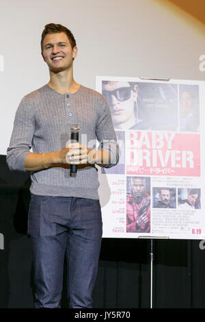 Tokyo, Japan. 19th Aug, 2017. American actor Ansel Elgort attends a stage greeting for the film Baby Driver at Shinjuku Wald 9 on August 19, 2017, Tokyo, Japan. Elgort is in Japan to promote the movie which hits Japanese theaters from August 19. Photo by Rodrigo Reyes Marin/AFLO) Credit: Aflo Co. Ltd./Alamy Live News Stock Photo