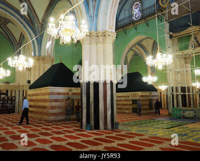 The great interior of the Ibrahimi-Mosque in Hebron in the West Bank, Palestinian Territories, 08 August 2017. The building was partly declared UNESCO world heritage. Now, it runs under Palestinian Territories. The Israelis regard this as a denial of the place's Jewish roots. Photo: Stefanie Järkel/dpa Stock Photo