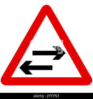 Two way traffic crosses one way road road sign on white background Stock Photo