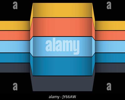 Abstract 3D Illustration of Embossed Multicoloured Striped Geometric Structure Over Black Background Stock Vector