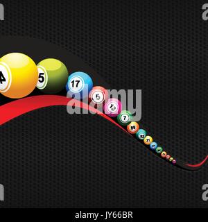 3D Illustration of Bingo Lottery Balls Over Black and Red Wave On Black Metallic Honeycomb Background Stock Vector