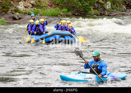 Byglandsfjord, Norway - August 1, 2017: Travel documentary of rafting group having an adventure on the river. Person in kayak in foreground. Stock Photo