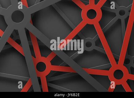 Abstract patterned cobwebs of lines and circles at the intersection. Technical red-black background for the site or presentation. Vector illustration Stock Vector