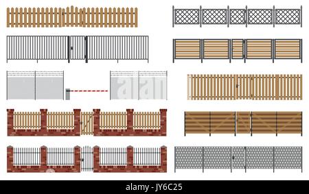 Metal and wooden fences and gates. Stock Vector