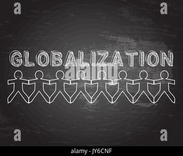 Globalization hand drawn text and cut out paper people chain on blackboard background Stock Vector