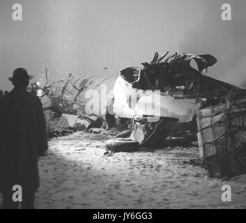 The wrecked BAE Elizabethan airliner that crashed at Munich Airport while bringing home members of the Manchester United football team from a European Cup match. Stock Photo