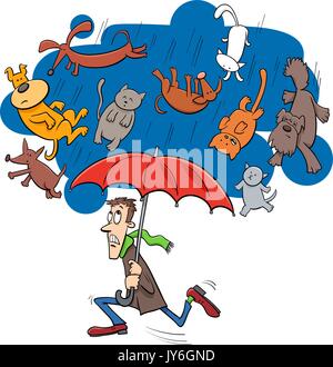 Cartoon Humorous Concept Illustration of Raining Cats and Dogs Saying or Proverb Stock Vector