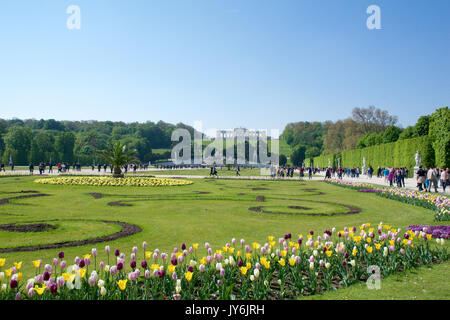VIENNA, AUSTRIA - APR 30th, 2017: Neptune Fountain Neptunbrunnen in great parterre of Schoenbrunn public park with flowers in the foreground and Gloriette in the back, Schoenbrunn palace - former imperial summer residence, built and remodelled during reign of Empress Maria Theresa in 1743 Stock Photo