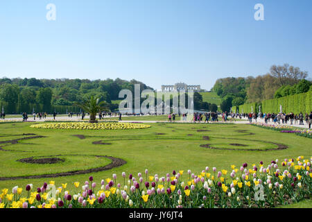 VIENNA, AUSTRIA - APR 30th, 2017: Neptune Fountain Neptunbrunnen in great parterre of Schoenbrunn public park with flowers in the foreground and Gloriette in the back, Schoenbrunn palace - former imperial summer residence, built and remodelled during reign of Empress Maria Theresa in 1743 Stock Photo
