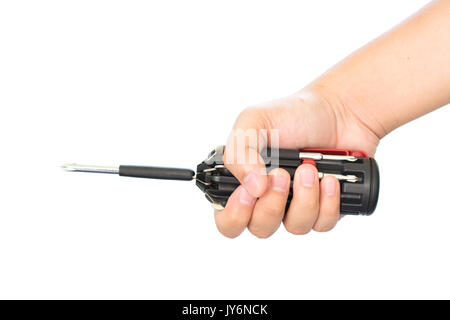 Hand holding several screwdrivers isolated on white background Stock Photo