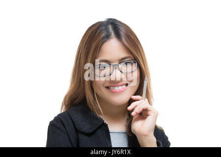 smiling asian woman hand holding pen isolated on white Stock Photo