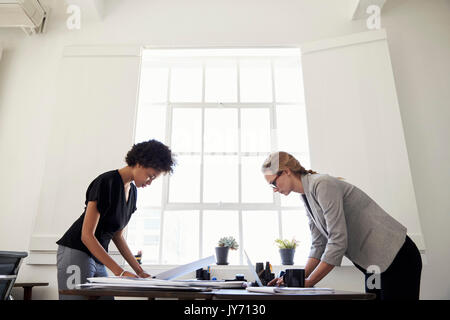 Two women working at opposite sides of a desk in an office Stock Photo