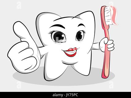 vector of dental tooth female mascot holding tooth brush and thumb up ,background is layered so its easy to change color Stock Vector