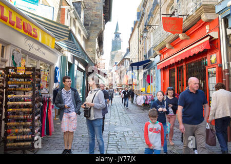 France Dinan, Brittany - people shopping in the medieval Old Town or Walled Town, Dinan, Cotes D'Armor, Brittany France Europe Stock Photo