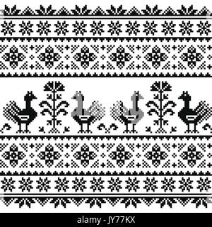 Ukrainian or Belarusian, Slavic folk art knitted black embroidery pattern with birds    Seamless pattern from Ukraine or Belarus in black on white Stock Vector