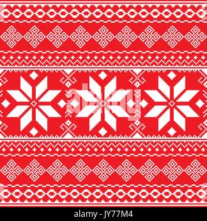 Traditional folk red and white embroidery pattern from Ukraine or Belarus - Vyshyvanka    Seamless Ukrainian, Belarusian print in white on red backgro Stock Vector