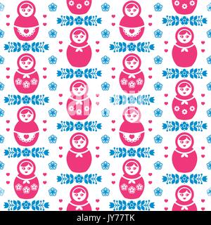Russian doll Matryoshka folk art floral seamless pattern  Russian dolls retro repetitive pink and blue background with flowers Stock Vector