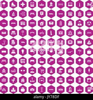 100 urban icons hexagon violet Stock Vector