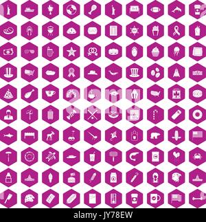 100 USA icons hexagon violet Stock Vector