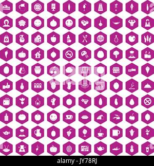 100 vegetarian cafe icons hexagon violet Stock Vector