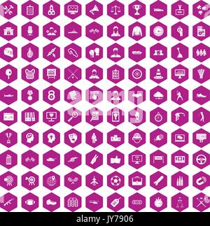 100 victory icons hexagon violet Stock Vector