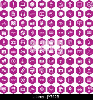 100 video icons hexagon violet Stock Vector