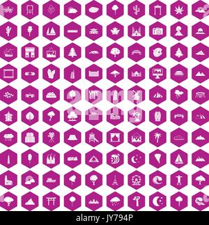 100 view icons hexagon violet Stock Vector