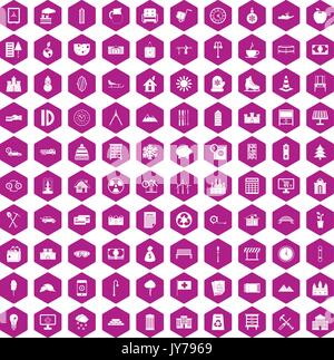 100 villa icons hexagon violet Stock Vector