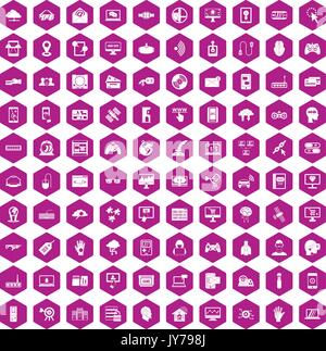 100 virtual icons hexagon violet Stock Vector