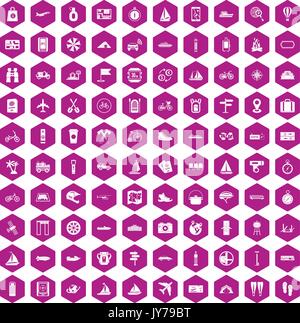 100 voyage icons hexagon violet Stock Vector