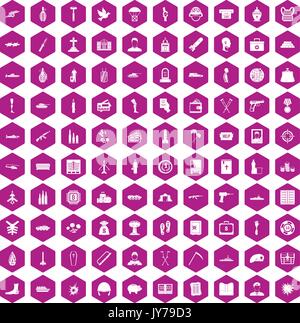 100 war crimes icons hexagon violet Stock Vector
