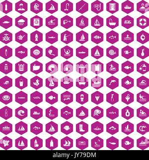 100 water icons hexagon violet Stock Vector