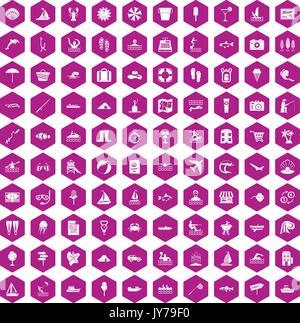 100 water recreation icons hexagon violet Stock Vector