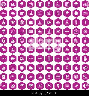 100 water sport icons hexagon violet Stock Vector
