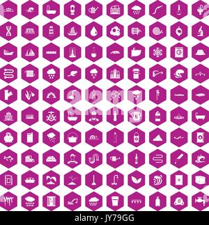 100 water supply icons hexagon violet Stock Vector