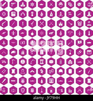100 weapons icons hexagon violet Stock Vector