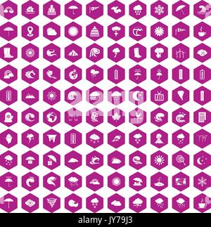 100 weather icons hexagon violet Stock Vector