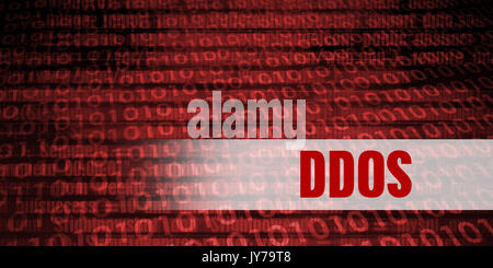 Ddos Security Warning on Red Binary Technology Background Stock Photo