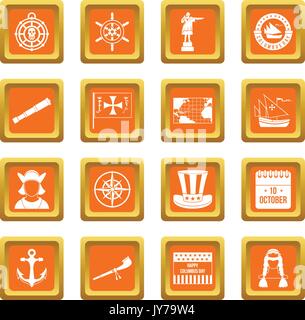 Columbus Day icons set orange Stock Vector