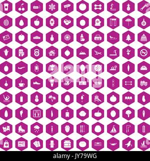 100 wellness icons hexagon violet Stock Vector
